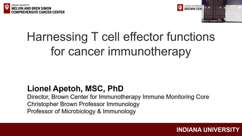 Thumbnail for entry IUSCCC Seminar 1/11/2024: “Harnessing T cell effector functions for cancer immunotherapy” Lionel Apetoh, MSC, PhD
Director, Brown Center for Immunotherapy Immune Monitoring Core,  IU School of Medicine
