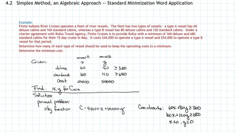 Thumbnail for entry Simplex Method, Standard Minimization, Part c, Word Application