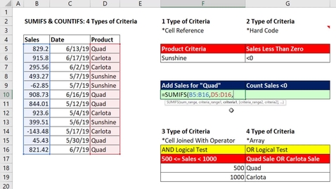 Thumbnail for 4 Types of Criteria for SUMIFS COUNTIFS Excel Magic Trick 1564 SUMIF COUNTIF too - BUSN 3127