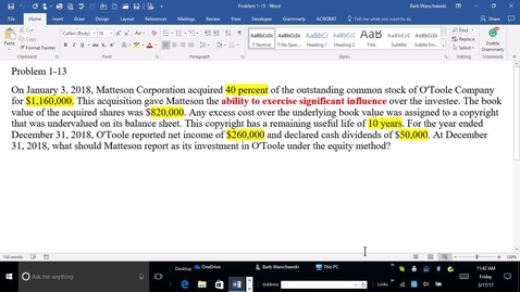 Thumbnail for entry ACCT 4010 Advanced Accounting - M1 Problem 1-13