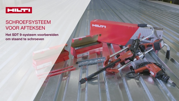 Instructievideo: we leggen de eerste stappen uit voor gebruik van het Hilti SDT 9 speed gereedschap. Systeemoverzicht. Schroeven aan de zijkant. Schroeven om platen op frames te bevestigen.