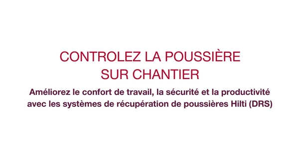 Présentation de la gamme des solutions Hilti d'extraction de la poussière, parmi lesquelles les inserts, les appareils et les aspirateurs. La vidéo explique comment le confort de travail, la sécurité et la productivité s'en trouvent améliorés.