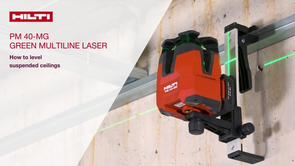 Level suspended ceilings with the PM 40-MG Green multiline laser. Use the wallmount to attach the tool on the ceiling track. Use the green target plate to level the ceiling.