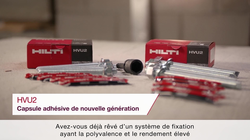 Product video of Hilti's HVU2 capsule anchor in French.