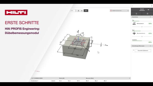 Anleitungsvideo: Erfahren Sie mehr über die Schritte zur schnellen und präzisen Bemessung von Dübelbefestigungen in Beton mit Hilti PROFIS Engineering Suite.