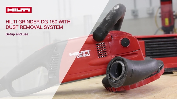 Instructional video on how to set up the Hilti DG 150 concrete grinding system with a vacuum for dust removal. 