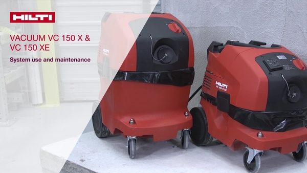 Instructional video on use and maintenance of the Hilti VC 150 X 6/10 and VC 150 X-E 6/10 vacuum system. 