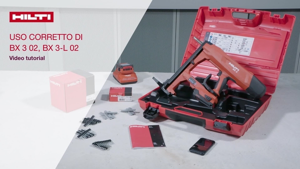 Istruzioni per l'uso dell'attrezzo Hilti BX 3: ricaricare i chiodi, usare la maniglia di sicurezza, modalità di sospensione e Hilti Connect app.