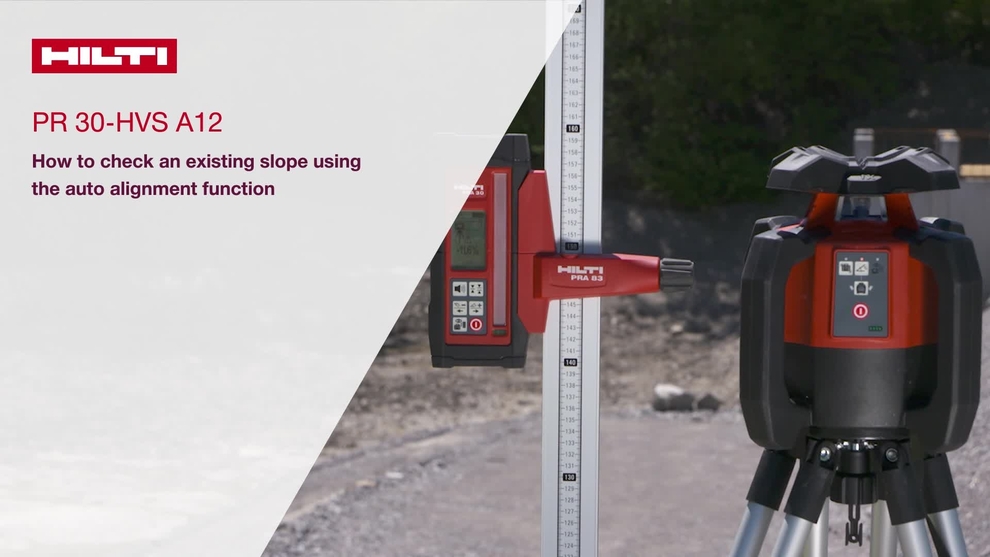 How-to tutorial video: we show how to use our rotating laser's Auto-Alignment function in slope mode. The Auto-Alignment function helps you determine the inclination of an existing slope.