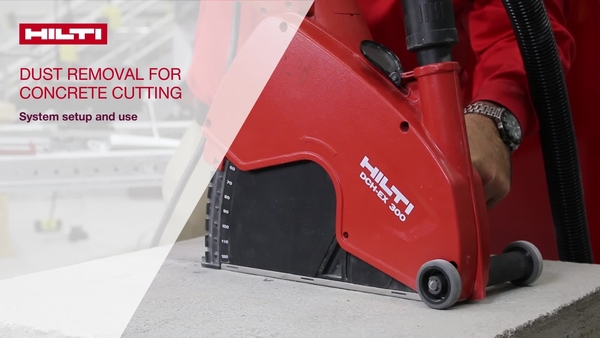 Instructional video on how to set up the Hilti DCH-EX 300 concrete cutter with a vacuum for dust removal. 