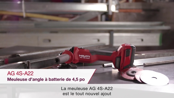 Product video of Hilti's AG 4S-A22 cordless angle grinder in French. 