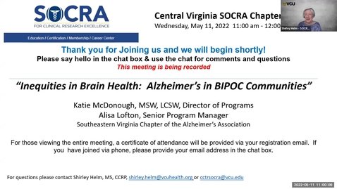 Thumbnail for Central VA SOCRA Chapter - Inequities in Brain Health: Alzheimer's in BIPOC Communities