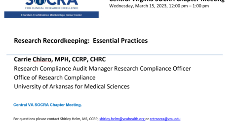 Thumbnail for entry Central VA SOCRA Chapter - Research Recordkeeping:  Essential Practices