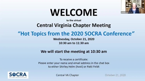 Thumbnail for Central VA SOCRA Chapter:  Hot Topics from the 2020 SOCRA Conference – Part I