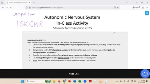 Thumbnail for 2501110 -  M2 - NRS - 8am - Autonomic Nervous System +  Brainstem II- Reflex and Modulatory Function  - Harrell + McGinn