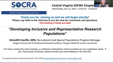 Thumbnail for entry Central VA SOCRA Chapter - Developing Inclusive and Representative Research Populations
