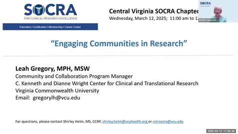 Thumbnail for 2025.2 Central VA SOCRA Chapter Meeting:  Engaging Communities in Research