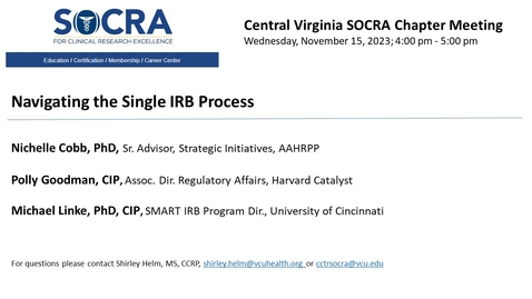 Thumbnail for Central VA SOCRA Chapter - Navigating the Single IRB Process