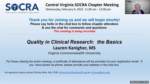 Thumbnail for entry Central VA SOCRA Chapter: Quality in Clinical Research:  The Basics