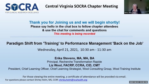 Thumbnail for Central VA SOCRA Chapter:  Paradigm Shift from “Training” to Performance Management “Back on the Job”
