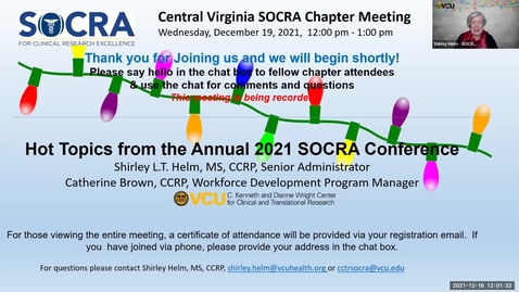 Thumbnail for Central VA SOCRA Chapter: Hot Topics From The Annual 2021 SOCRA Conference