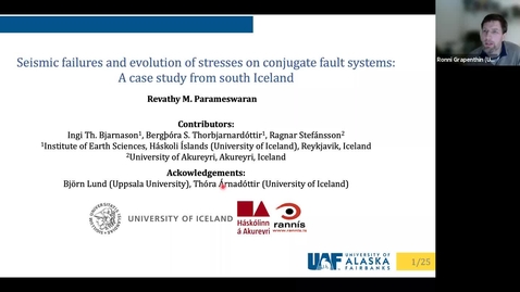 Thumbnail for Geoscience Department Seminar, 2021-10-01 - Revathy Parameswaran: Seismic Failures and Evolution of Stresses on Conjugate Faults Systems: A Case Study from South Iceland 