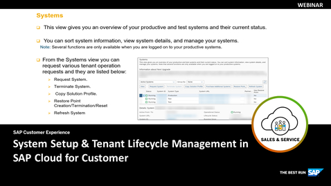 Thumbnail for entry [ARCHIVED] System Setup &amp; Tenant Lifecycle Management in SAP Cloud for Customer - Webcasts
