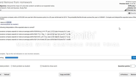 Thumbnail for HW 3 Question 16 Ch. 6.1.25 Life Insurance with Statcrunch