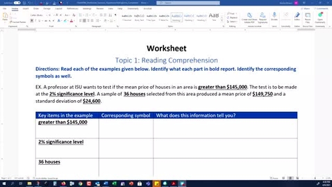 Thumbnail for entry Math 1401 Hypothesis Testing Extra Worksheet - Reading Comprehension