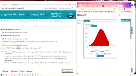 Thumbnail for Math 1401 Problem 9.2.12 Calculating P-values with a test statistic