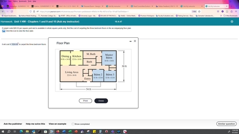 Thumbnail for Math 1001 - HW 1 Question 50 - 10.4.47 - Carpeting 3 bedrooms
