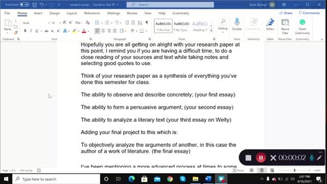 Thumbnail for Engl 1101 Dr. Worozbyt week 13 (4/12-4-16)