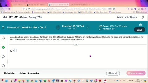 Thumbnail for Math 1401 - HW 6.2.45 Mean and standard deviation of a binomial experiment