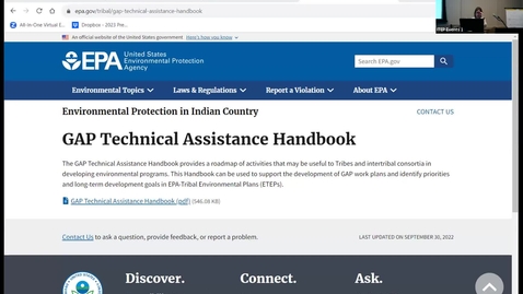 Thumbnail for entry TRAINING: 2022 Indian General Assistance Program (GAP) Guidance Training: Supporting Tribal Communities Develop their Solid &amp; Hazardous Waste Programs, and Environmental Priorities (part 2)