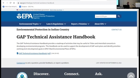 Thumbnail for TRAINING: 2022 Indian General Assistance Program (GAP) Guidance Training: Supporting Tribal Communities Develop their Solid &amp; Hazardous Waste Programs, and Environmental Priorities (part 2)