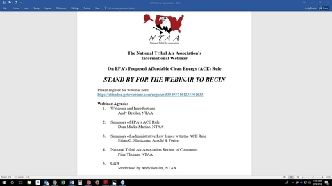 Thumbnail for The National Tribal Air Association's Informational Webinar on EPA's Proposed ACE Rule