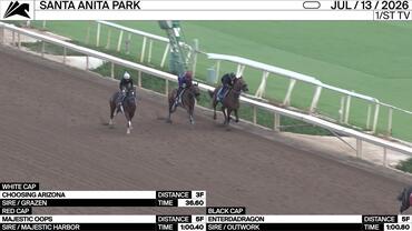 Choosing Arizona (White Cap), Majestic Oops (Red Cap) and Enterdadragon Worked at Santa Anita Park on July 13th, 2026