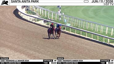 An Unnamed Horse out of the Dam Warrens Lil Margie (Outside) and an Unnamed Horse out of the Dam Warren's Amber Worked 4 Furlongs at Santa Anita Park on June 11th, 2026
