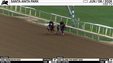 An Unnamed Horse out of the Dam Bizwhacks (Outside) and an Unnamed Horse out of the Dam Blame the Agent Worked 4 Furlongs in 49.60 at Santa Anita Park on June 8th, 2026