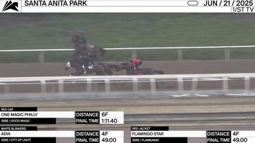 One Magic Philly (Red Cap), Adia (White Blinkers) and Flamingo Star Worked at Santa Anita Park on June 21st, 2025
