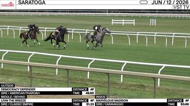 Democracy Defender (Outside), Livin the Breeze (Middle/Behind) and Marvelous Madison Worked 4 Furlongs at Saratoga on June 12th, 2026, for trainer Jorge Abreu