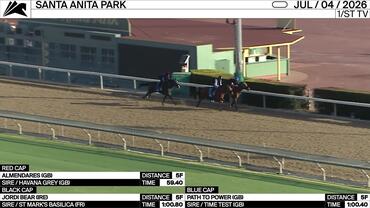 Almendares (Red Cap), Jordi Bear (Black Cap) and Path To Power Worked 5 Furlongs at Santa Anita Park on July 4th, 2026