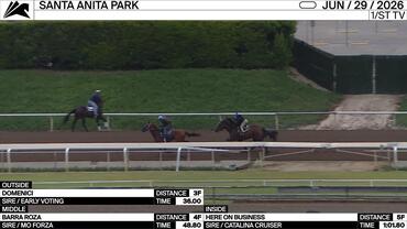Domenici (Outside), Barra Roza (Middle) and Here On Business Worked at Santa Anita Park on June 29th, 2026