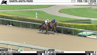 An Unnamed Horse out of the Dam Sandy Cheeks (Outside) and Hit the Track Jack Worked 3 Furlongs in 39.80 at Santa Anita Park on February 26th, 2026
