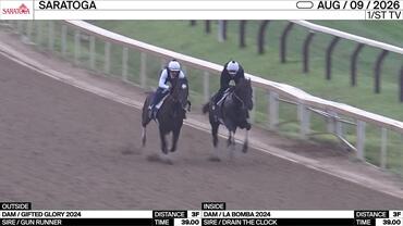 An Unnamed Horse out of the Dam Gifted Glory (Outside) and an Unnamed Horse out of the Dam La Bomba Worked 3 Furlongs in 39.00 at Saratoga on August 9th, 2026
