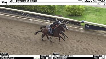 Coristine (Outside) and an Unnamed Horse out of the Dam Mixed Up Kid Worked 4 Furlongs at Gulfstream Park on May 31st, 2026