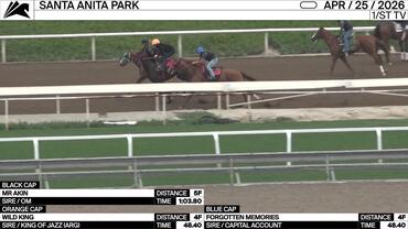 Mr Akin (Black Cap), Wild King (Orange Cap) and Forgotten Memories Worked at Santa Anita Park on April 25th, 2026