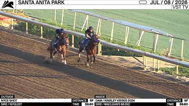 Nyce Shot (Outside) and an Unnamed Horse out of the Dam Kinsley Kisses Worked 5 Furlongs in 59.80 at Santa Anita Park on July 8th, 2026