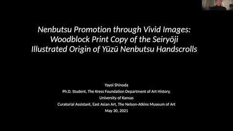 Thumbnail for entry Yayoi Shinoda - Nenbutsu Promotion through Vivid Images: Woodblock Print Copy of Seiryōji Illustrated Origin of Yūzū Nenbutsu Handscrolls