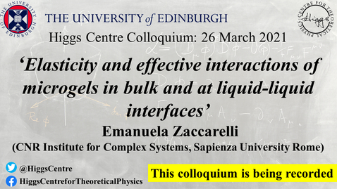 Thumbnail for Higgs Centre Colloquium: Emanuela Zaccarelli 'Elasticity and effective interactions of microgels in bulk and at liquid-liquid interfaces'